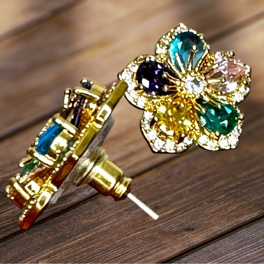 NEW Eye Candy Flower Dazzle Gold Toned Multi-Colored CZ Crystal Stud Earrings